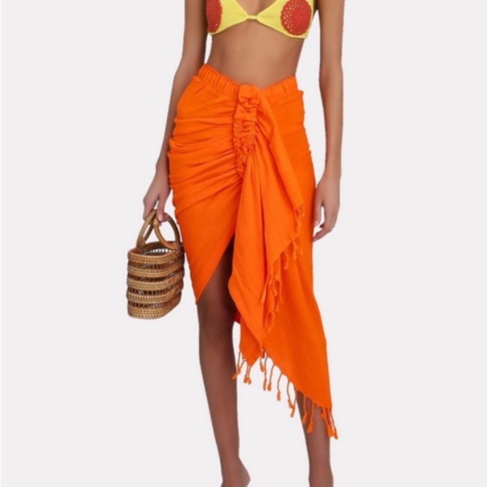 Just Bee Queen Vibrant Orange Ruched Sarong with Tassel Hem